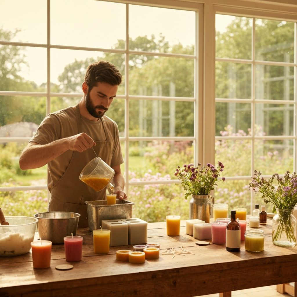 Candle crafting studio with warm golden light and wooden surfaces