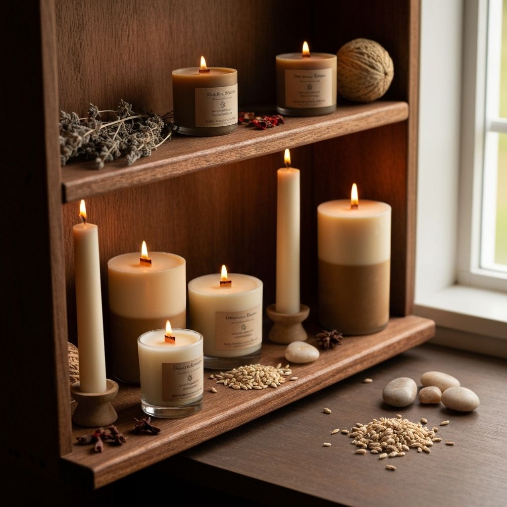 Handcrafted candles displayed with natural materials and premium packaging